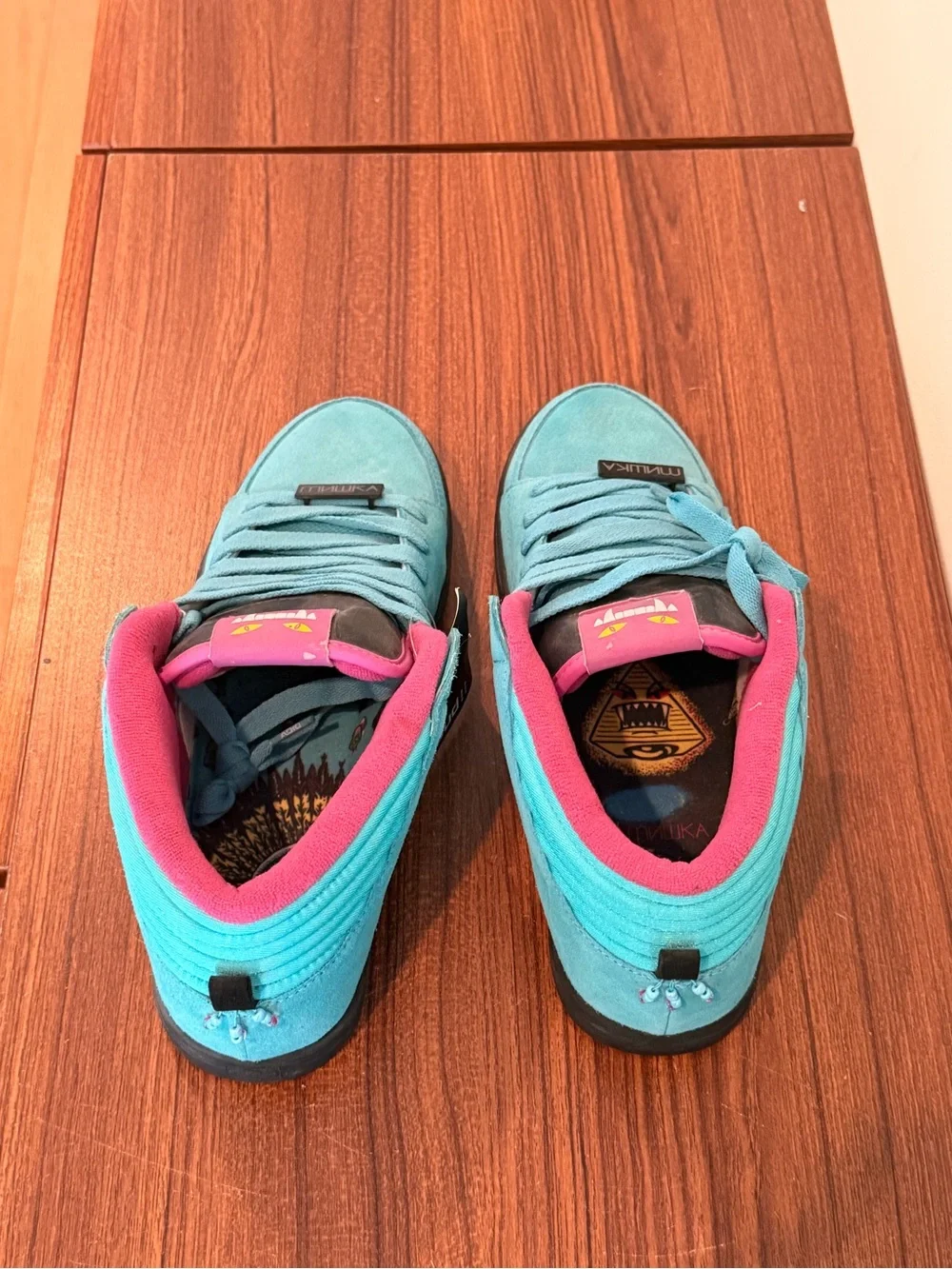 2009 never released Adio x Mishka Teal and Pink High-Top Suede Sneakers